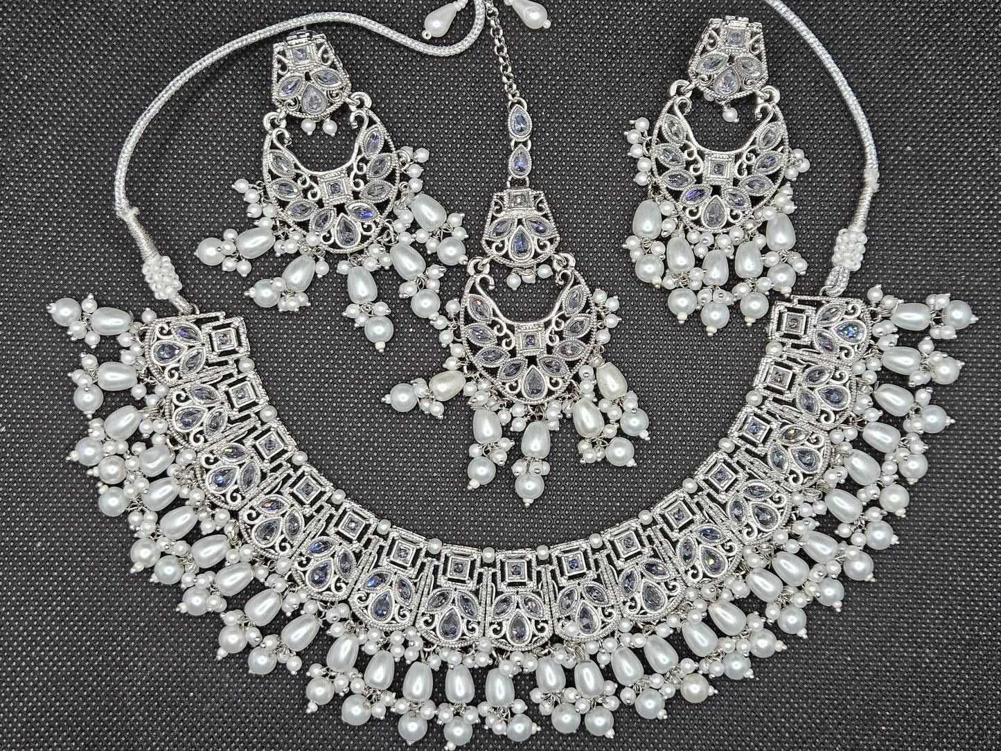 American Diamond Indian Silver Plated Pearls High Quality Full Jewellery Set