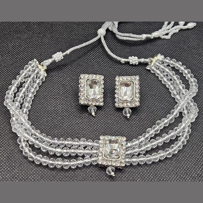 18K Silver Plated Crystal Silver Stone Beaded Choker Necklace Sets