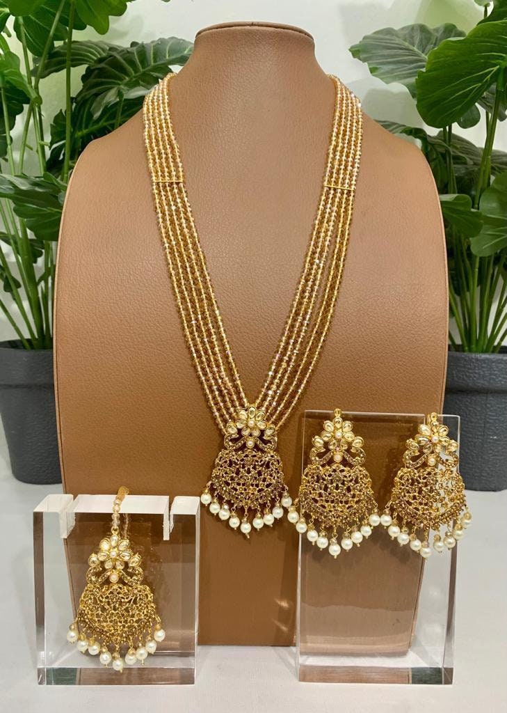 Desi Style Gold Farshi Kundan Long Pearl Mala Set With Tikka