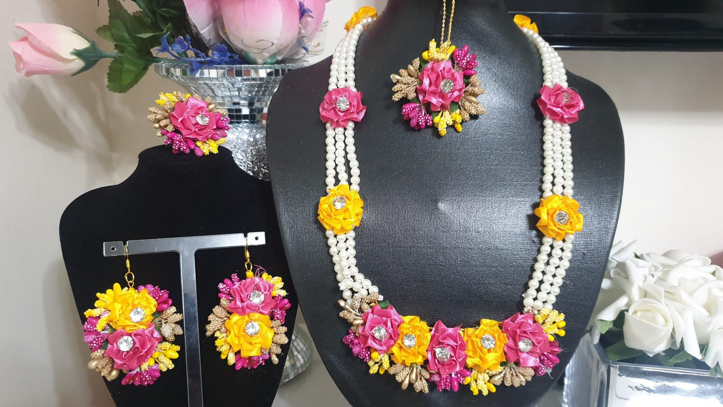 Artificial Flower Pearls Jewellery Dholki Haldi Mehndi Jewellery Sets
