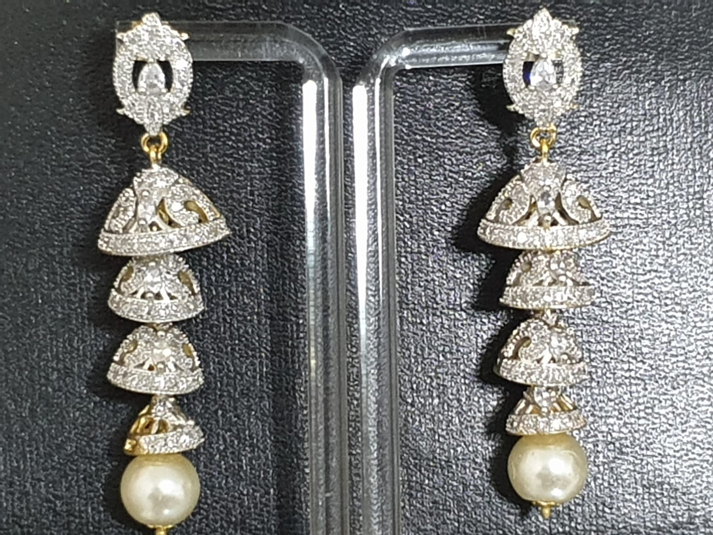 Indian Zircon Silver Gold Combination 3 Step Jhumki Earings