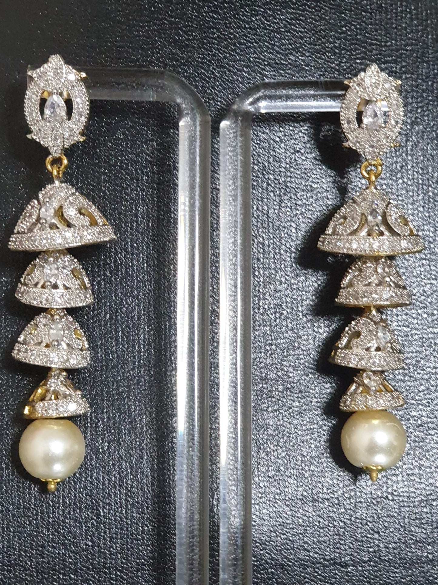 Indian Zircon Silver Gold Combination 3 Step Jhumki Earings
