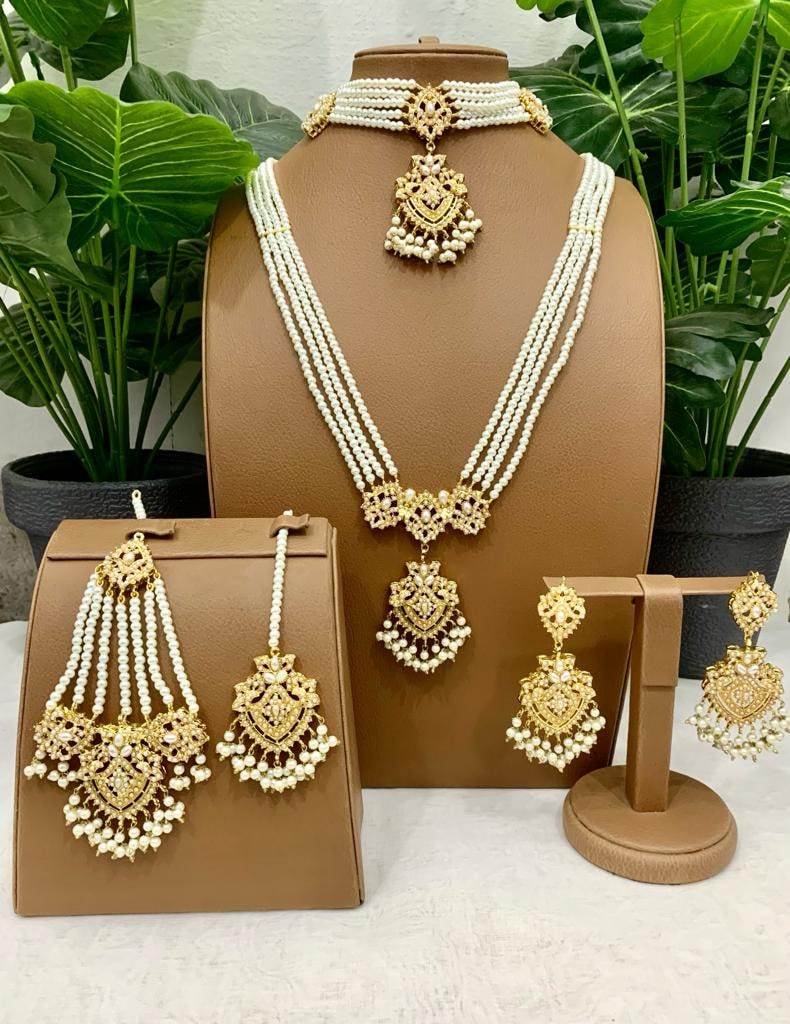 Pakistani Bridal Gold Farshi Kundan Full Bridal Set Tikka Jhumar