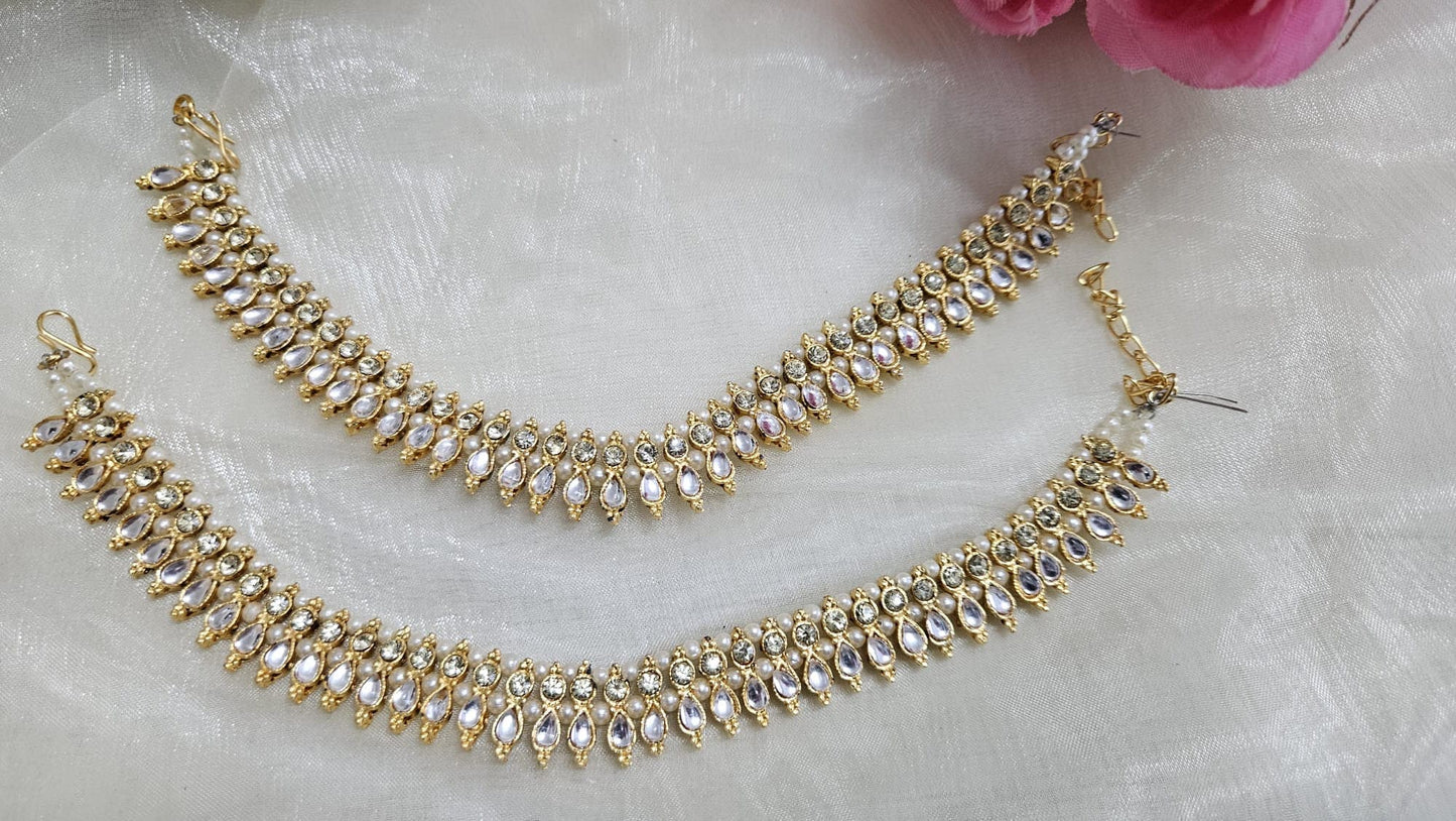 Gold Plated Kundan & pearl Studded Adjustable Bridal Anklets/Payal
