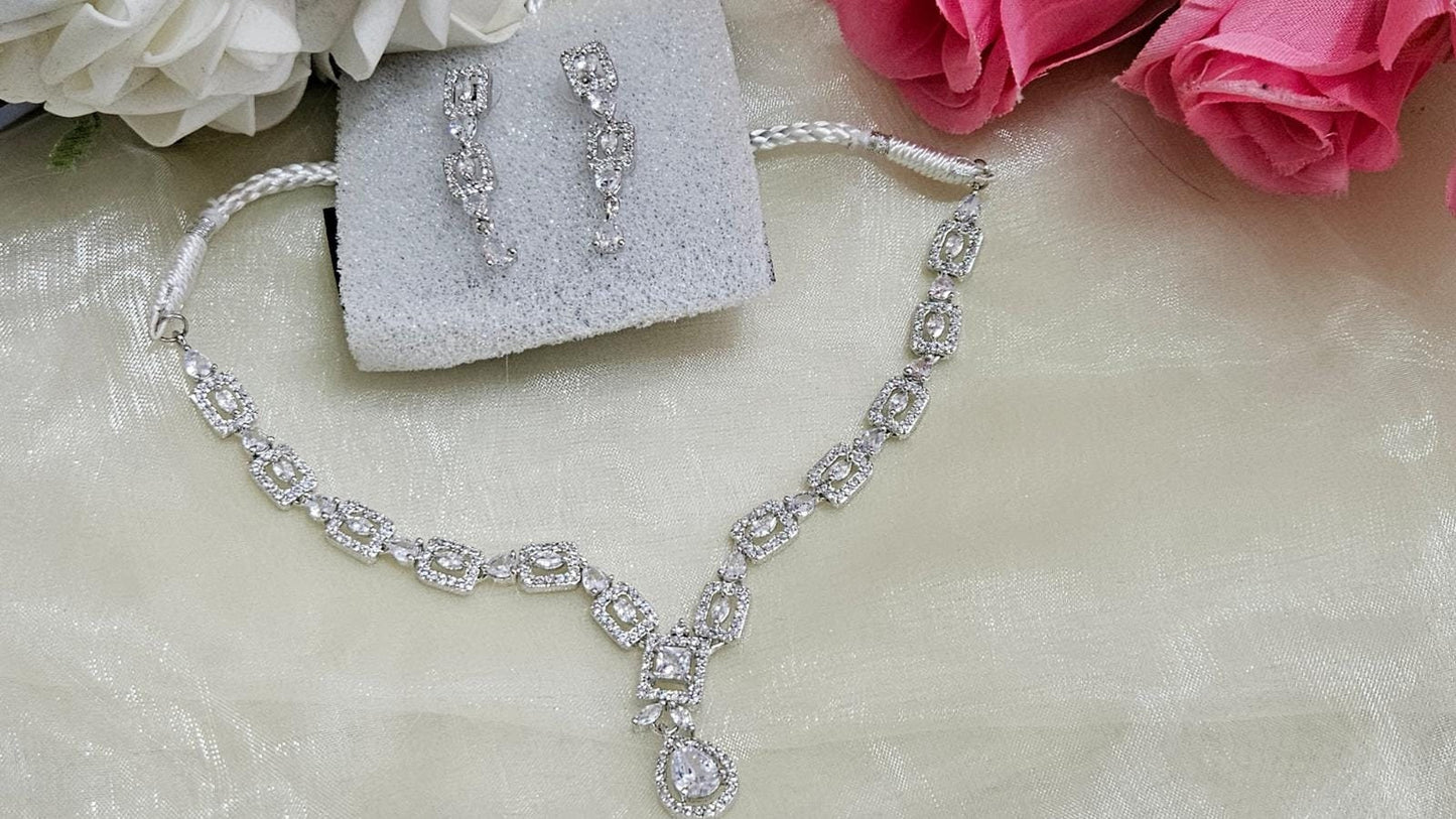 Silver Plated American Diamond Indian Necklace Set Wedding Occasions