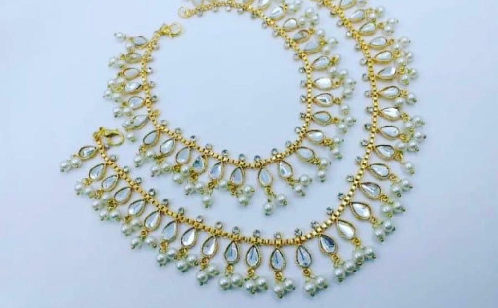 Pair Of Indian Gold Base Sheesha Mirror Kundan Payal Small Pearls