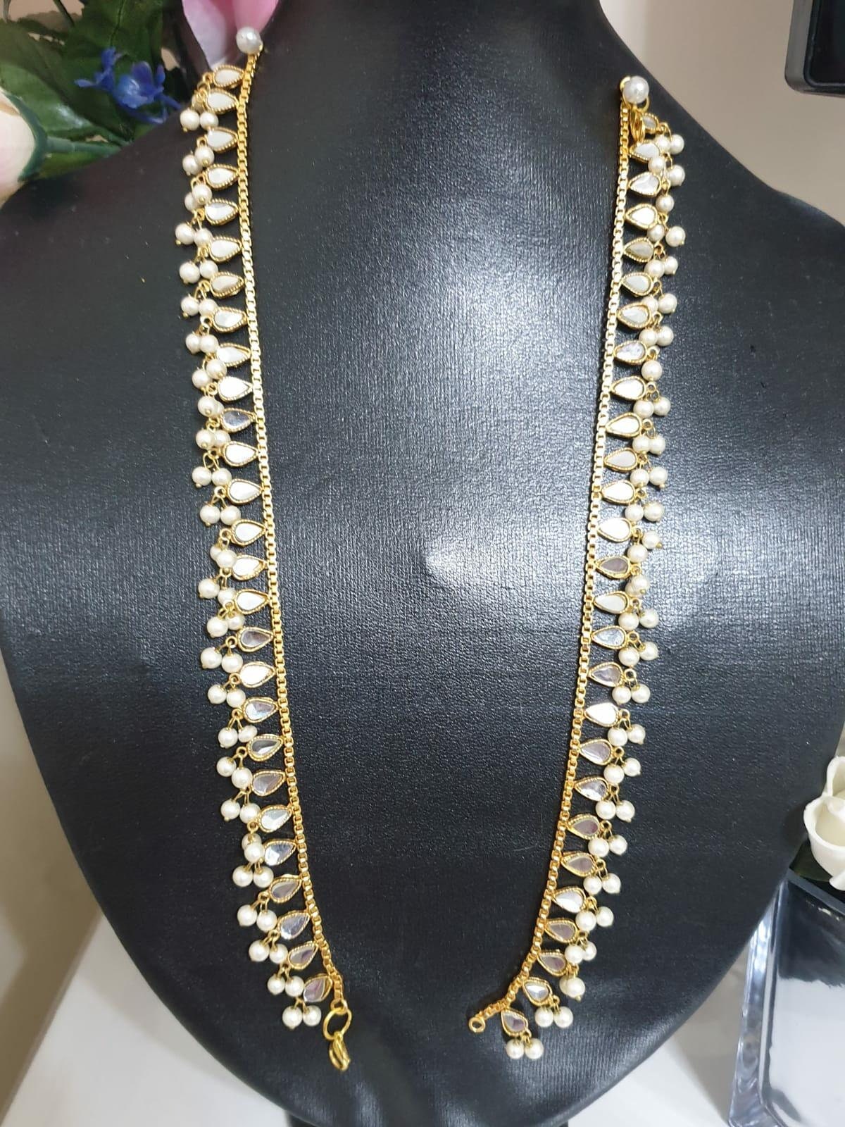 Pair Of Indian Gold Base Sheesha Mirror Kundan Payal Small Pearls