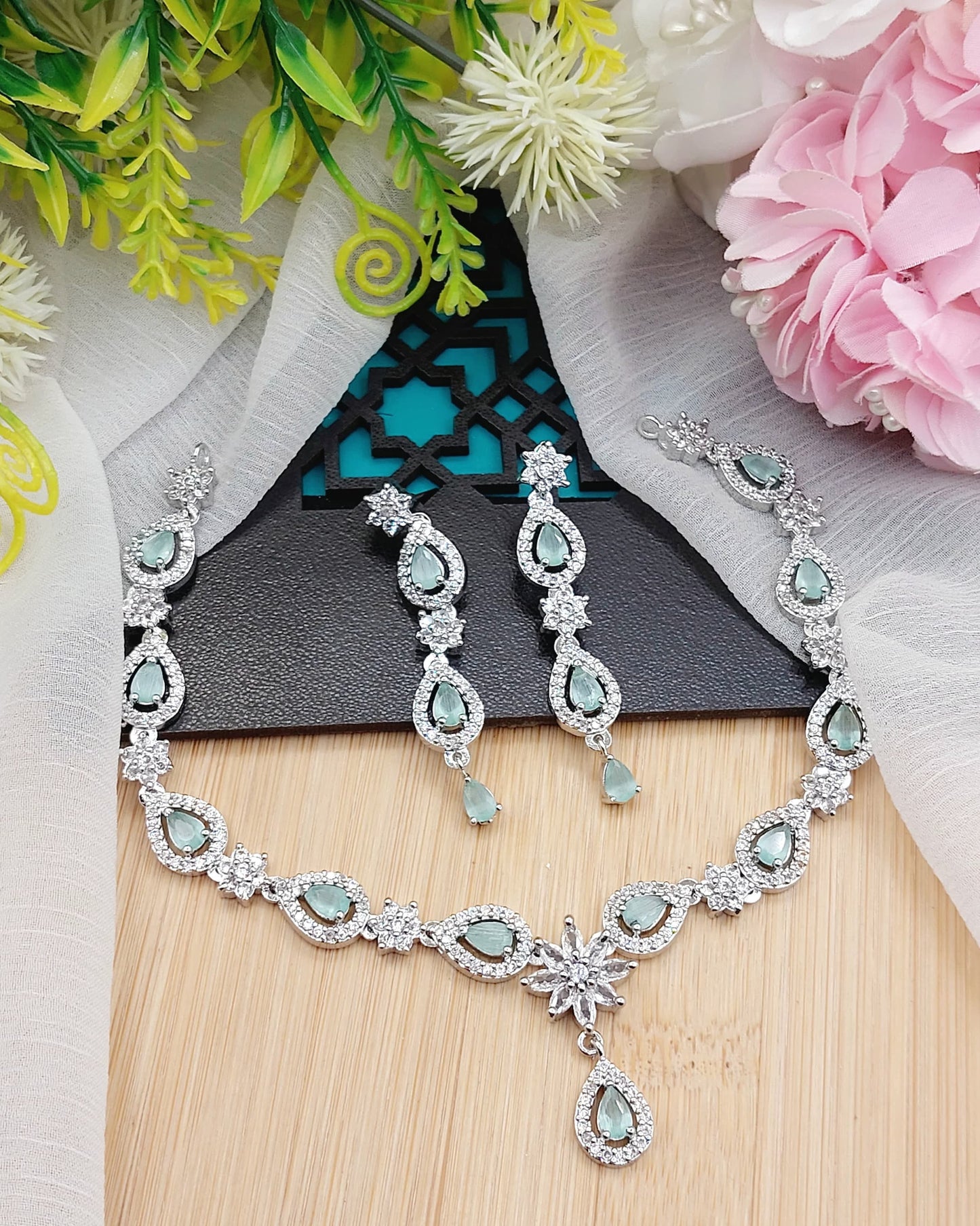 Silver Plated Indian Zircon Stones American Diamond Jewellery Set
