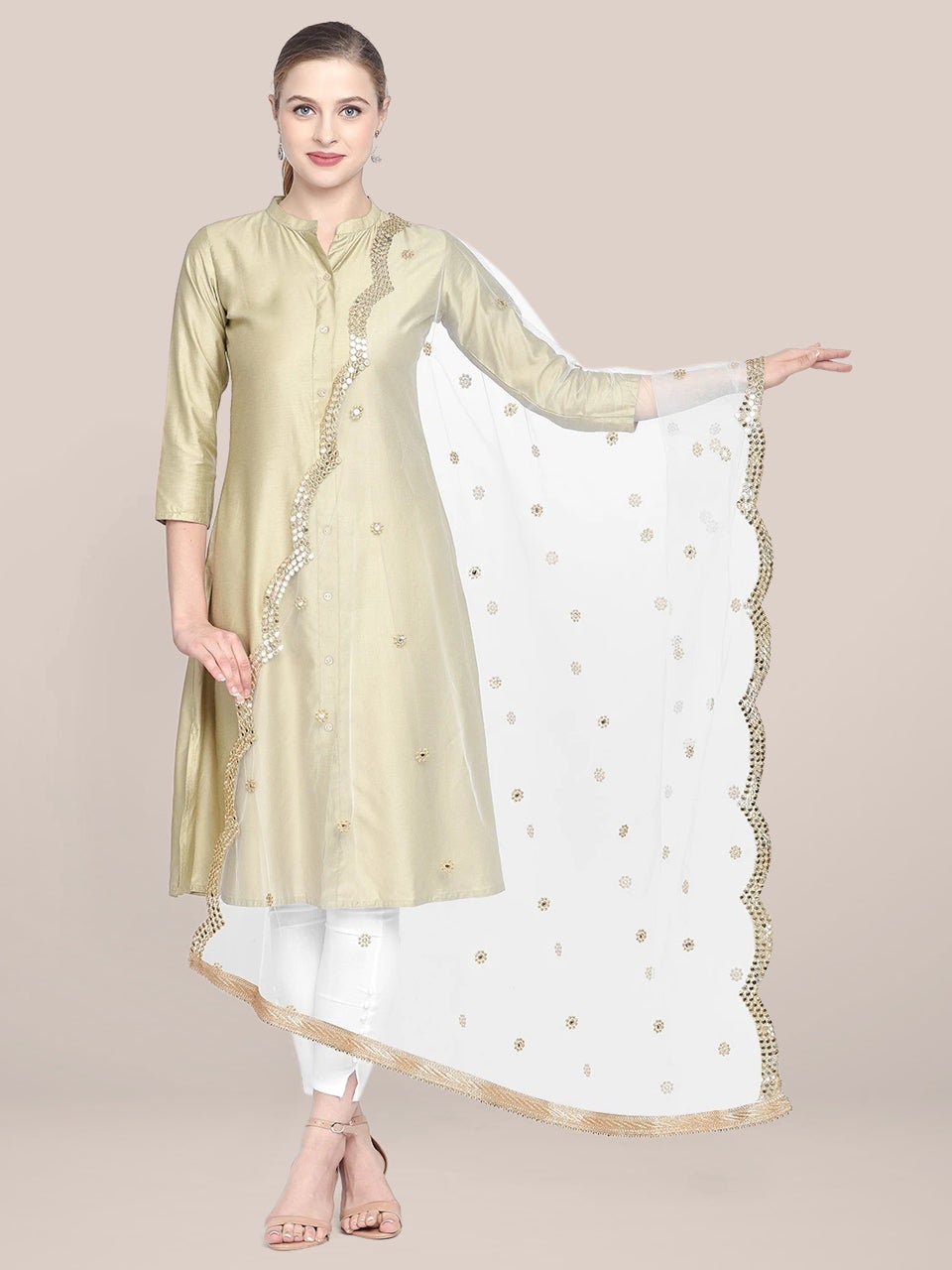 Embroidered Net Mirror Scalleop Border Dupatta