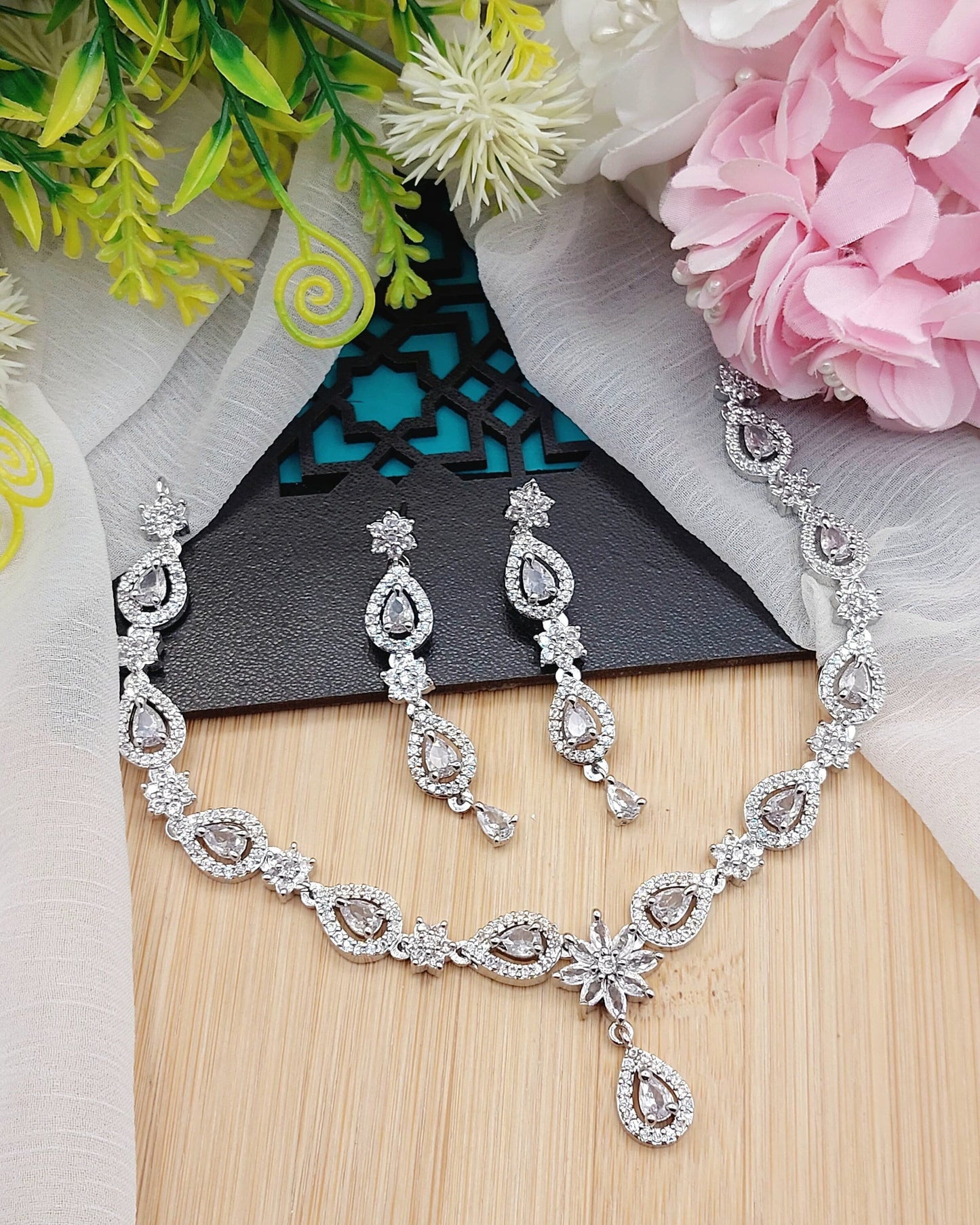 Silver Plated Indian Zircon Stones American Diamond Jewellery Set