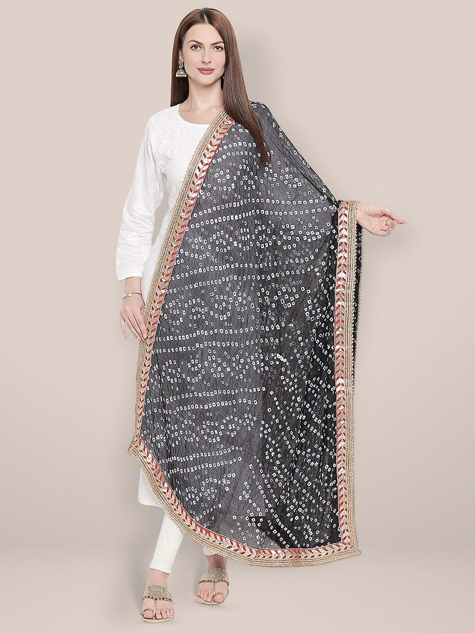 Bandhini Silk Printed Dupatta With Gotta Patti Border And Small Pearls Lace