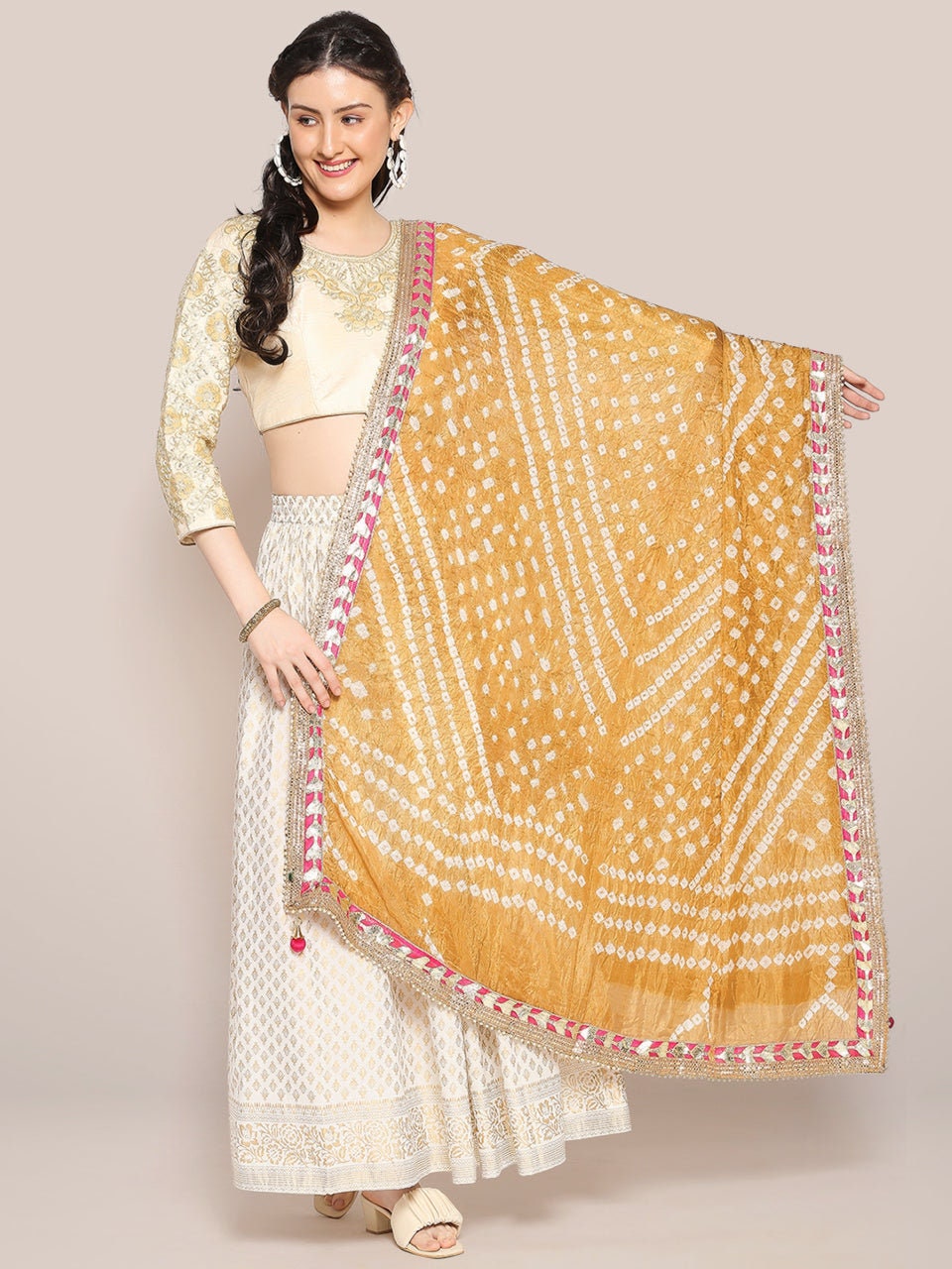 Bandhini Silk Printed Dupatta With Gotta Patti Border And Small Pearls Lace