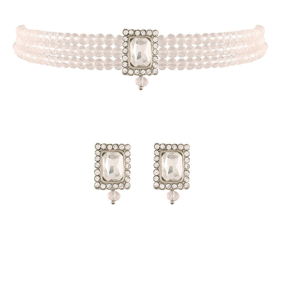 18K Silver Plated Crystal Silver Stone Beaded Choker Necklace Sets