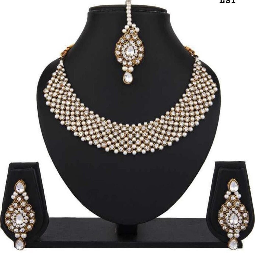Antique Gold Plated Beads Choker Necklace Set With Tikka