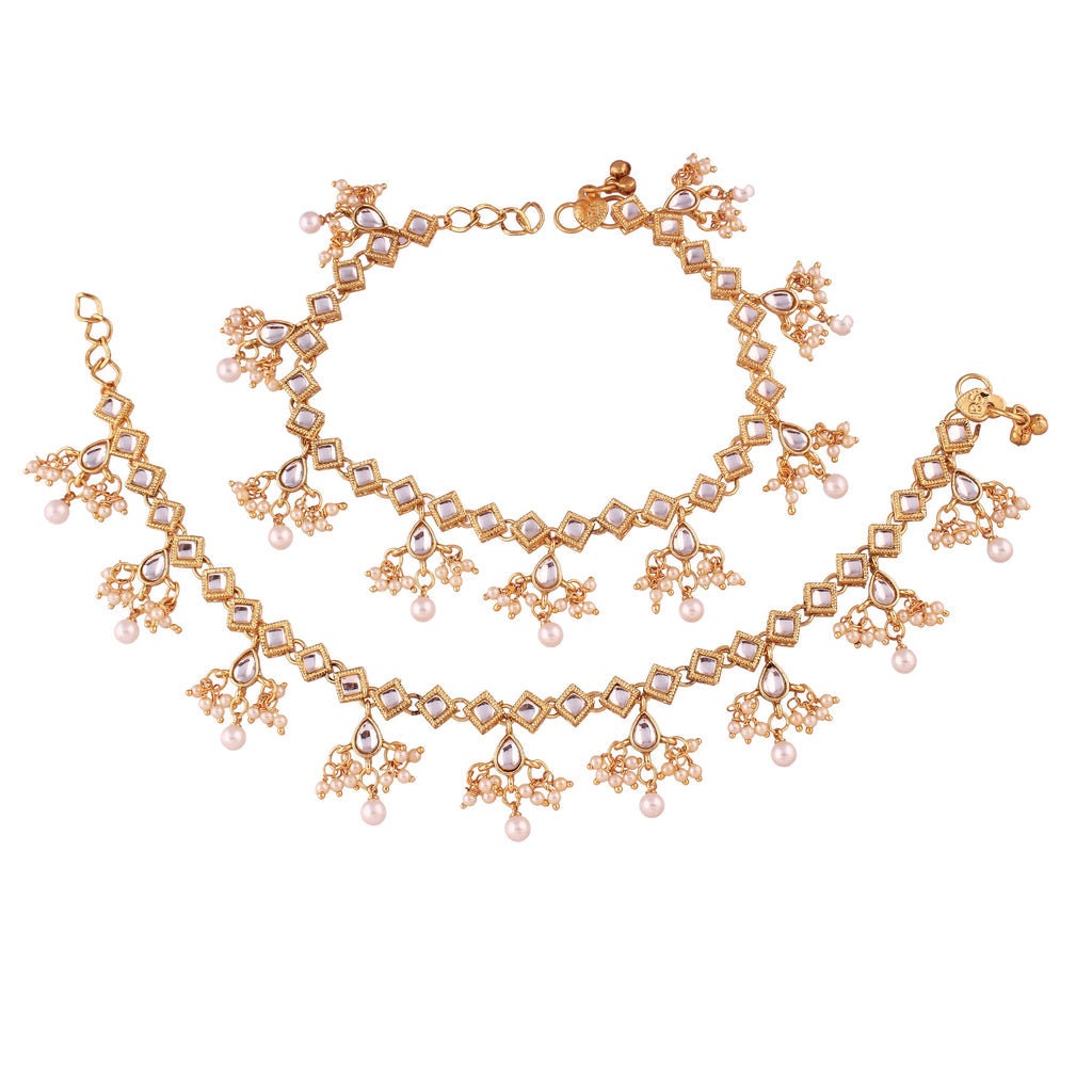 Gold-Plated Fancy Kundan Strand Stones Anklet For Women
