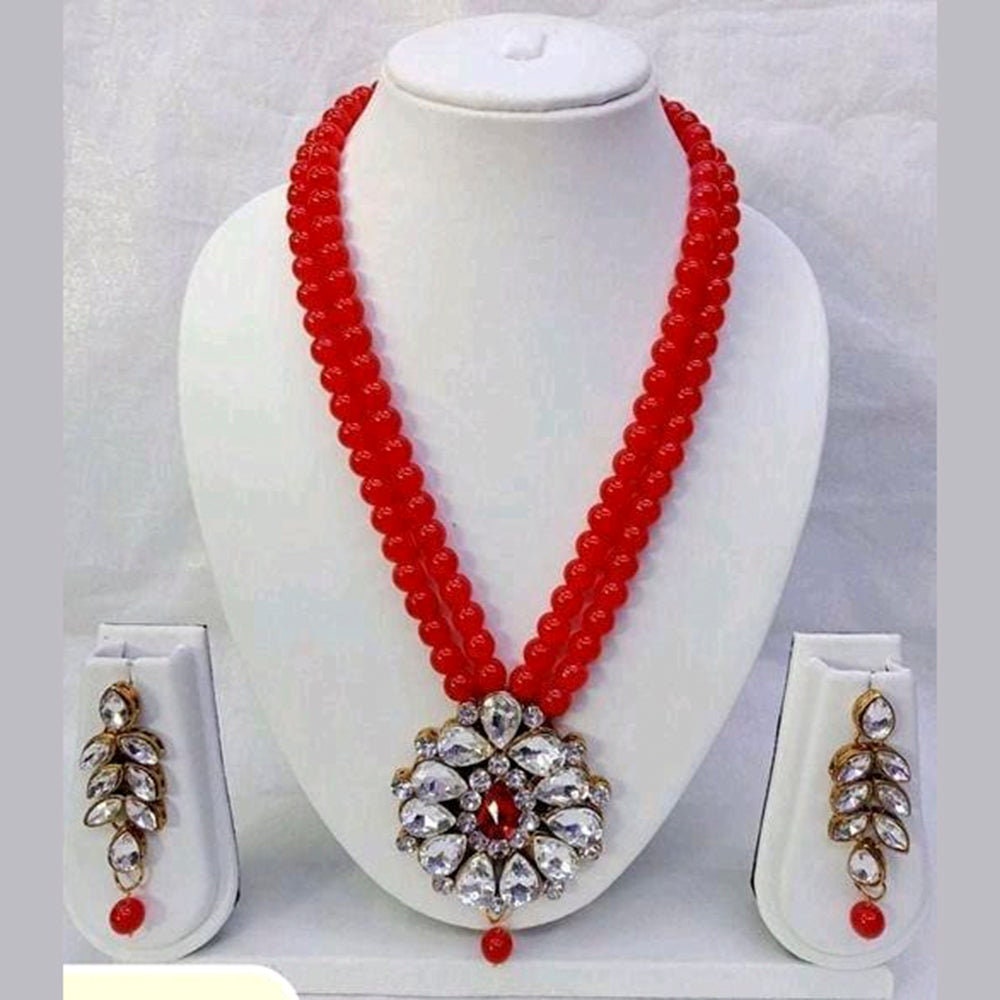 Indian Style Kundan And Beads Long Pearls Pendant Set Earrings