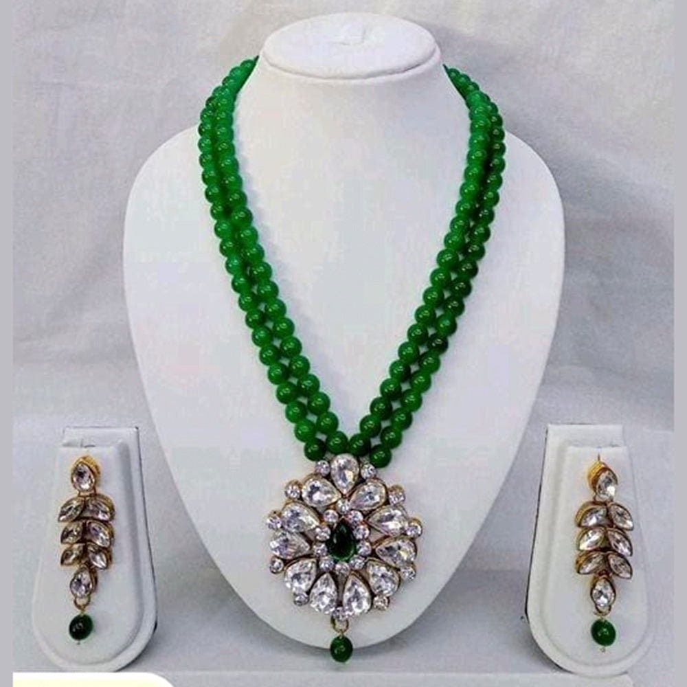 Indian Style Kundan And Beads Long Pearls Pendant Set Earrings