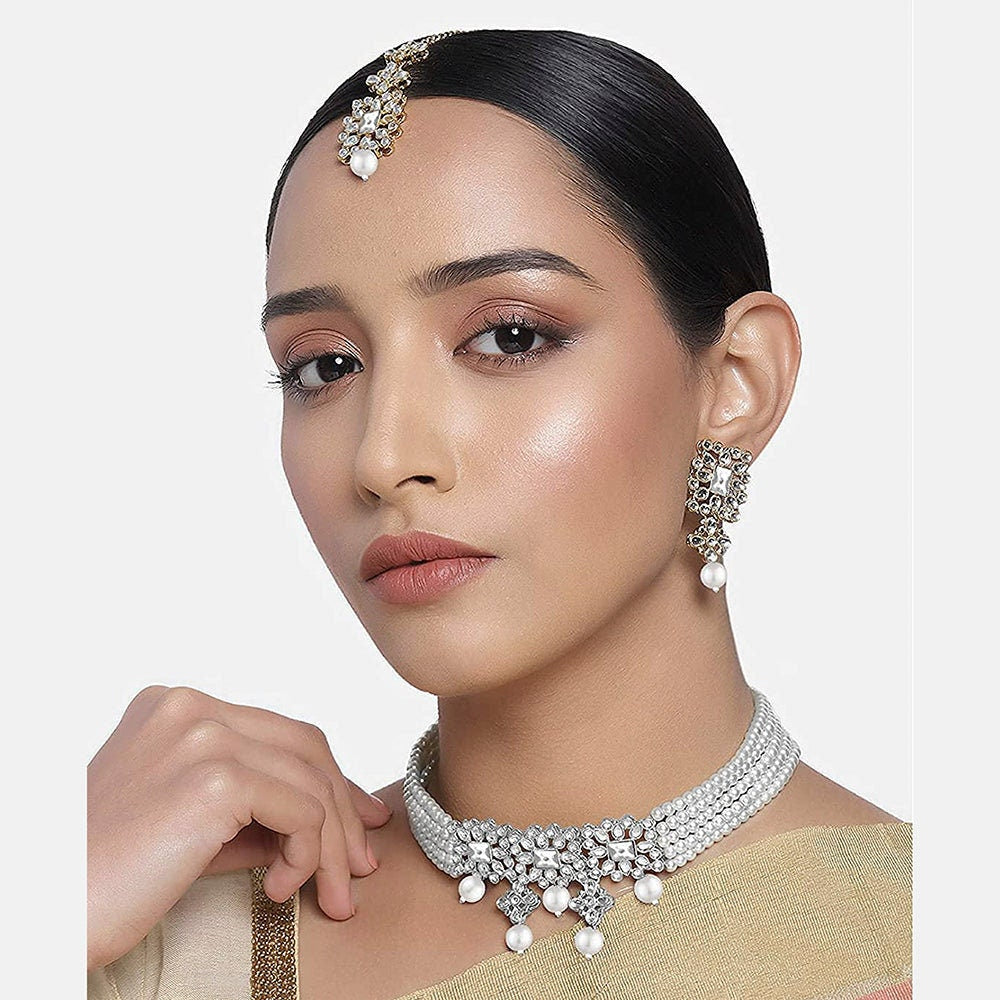 18K Rhodium Plated Silver Base Pearl Kundan Studded Sets