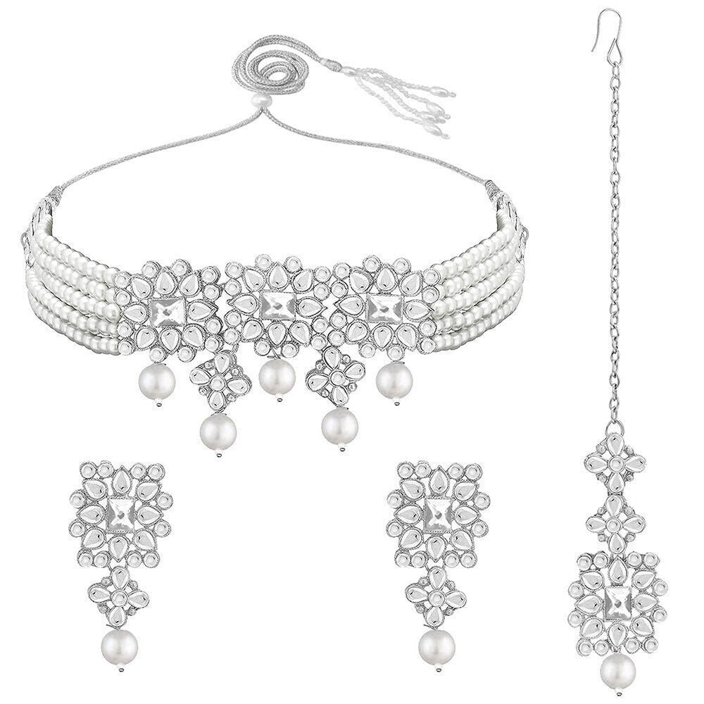 18K Rhodium Plated Silver Base Pearl Kundan Studded Sets