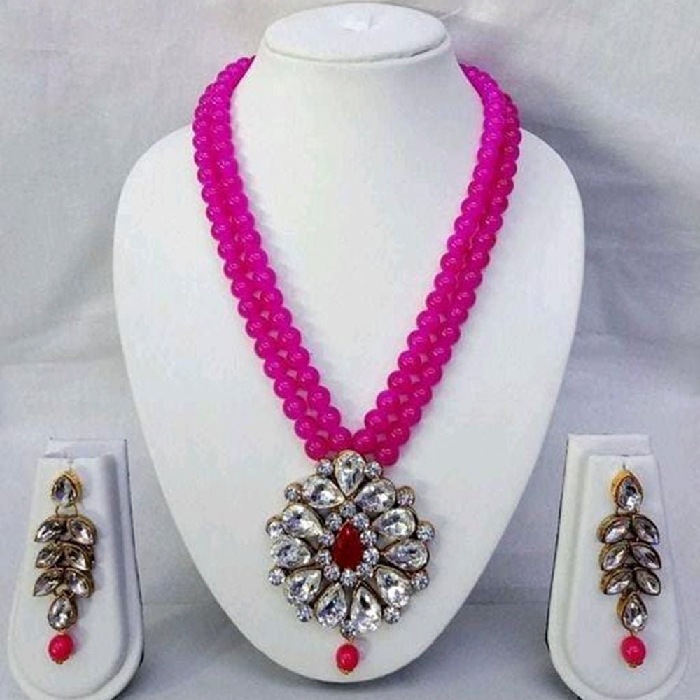 Indian Style Kundan And Beads Long Pearls Pendant Set Earrings