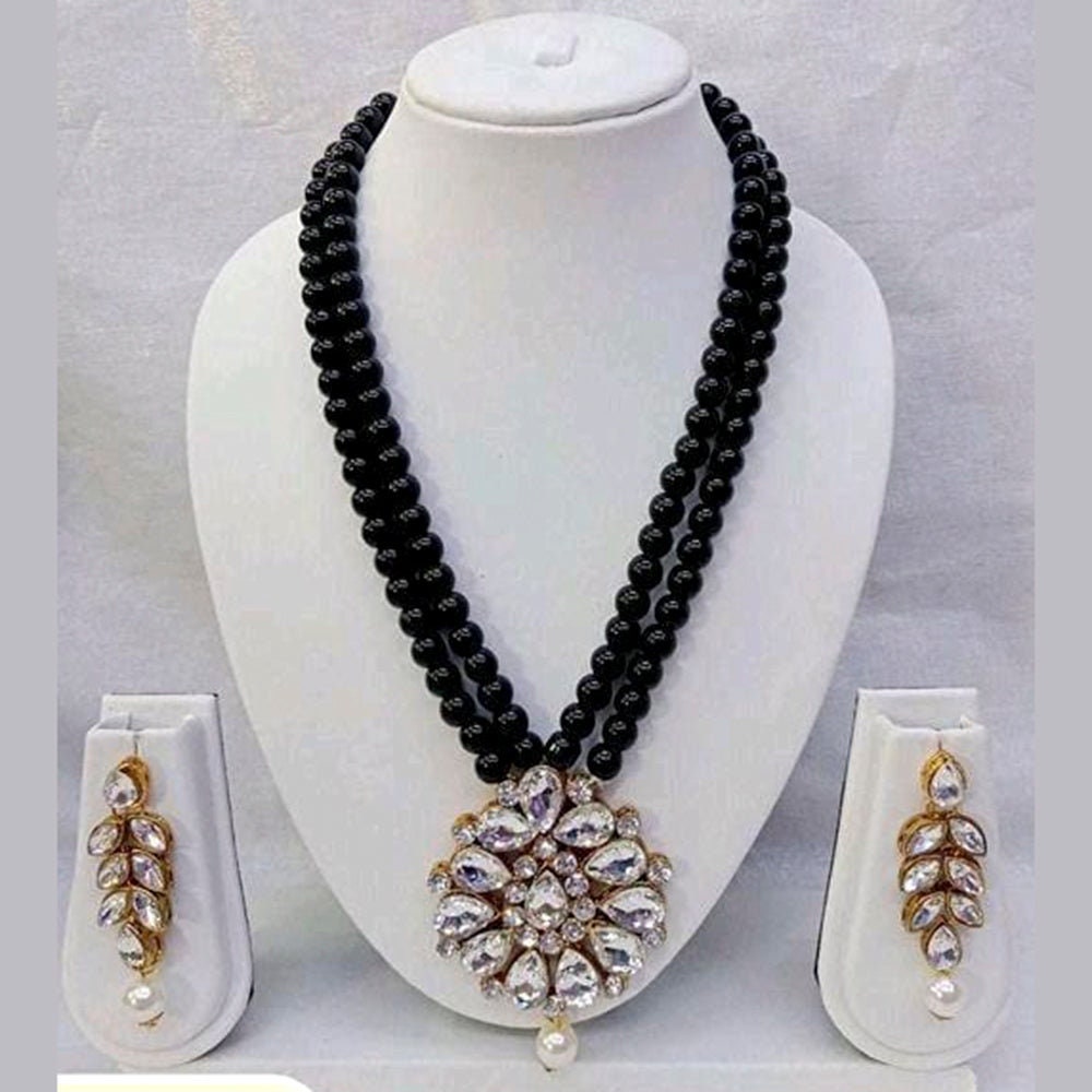 Indian Style Kundan And Beads Long Pearls Pendant Set Earrings