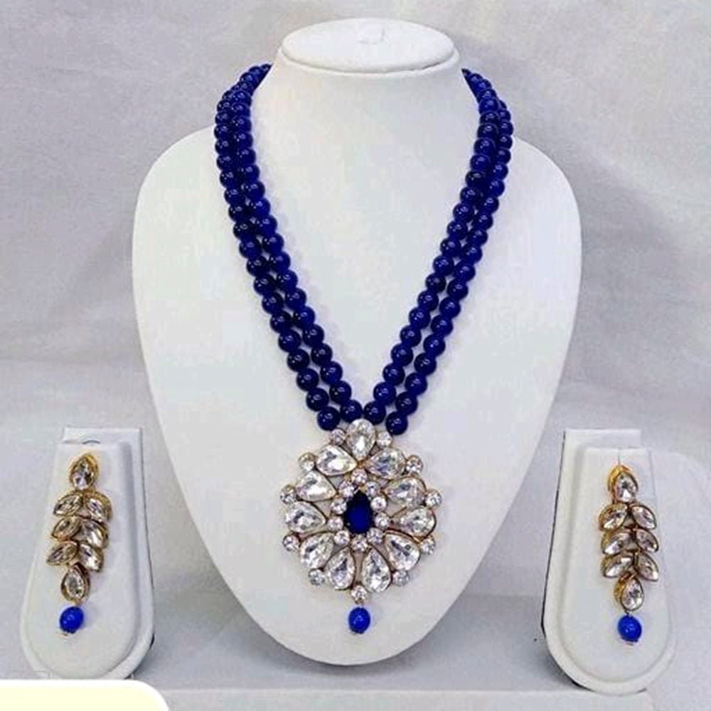 Indian Style Kundan And Beads Long Pearls Pendant Set Earrings