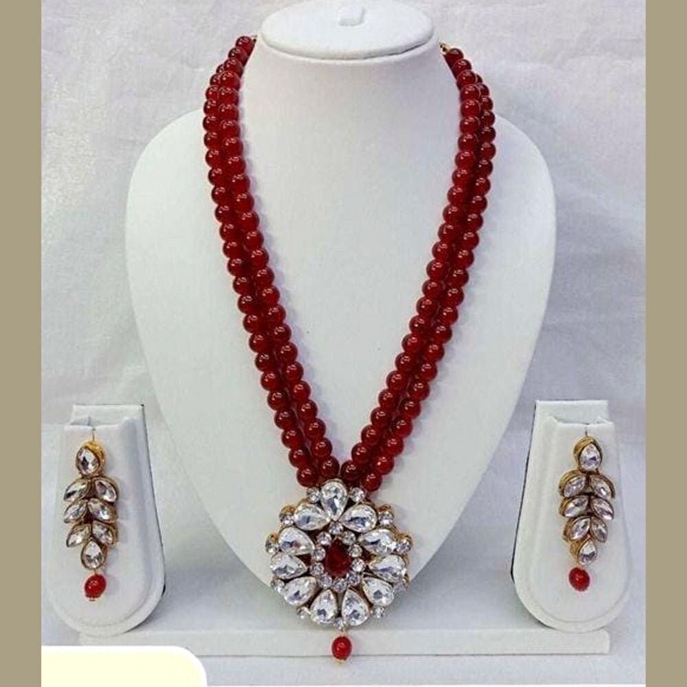 Indian Style Kundan And Beads Long Pearls Pendant Set Earrings