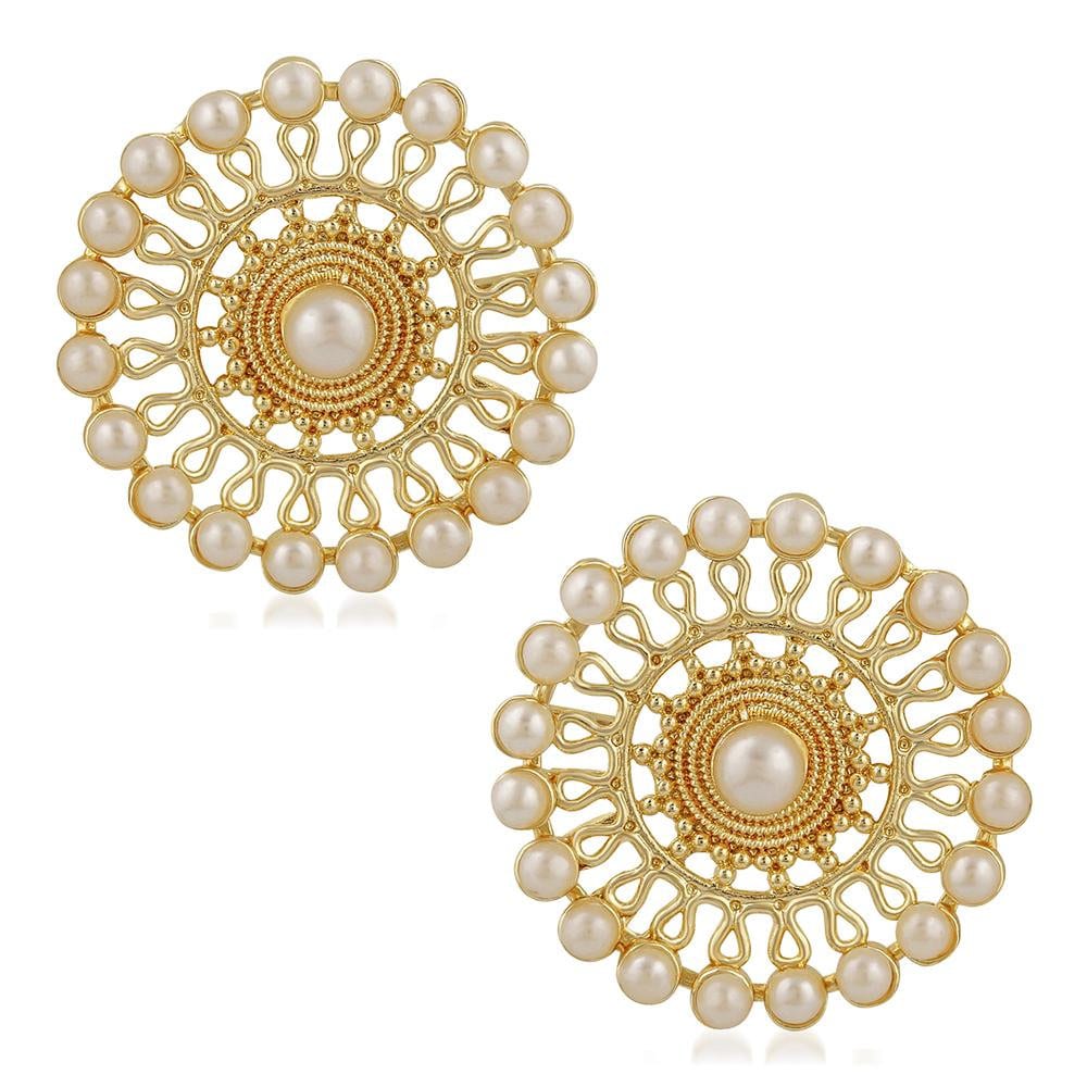 Gold Base White Kundan Big Circular Stud Earrings