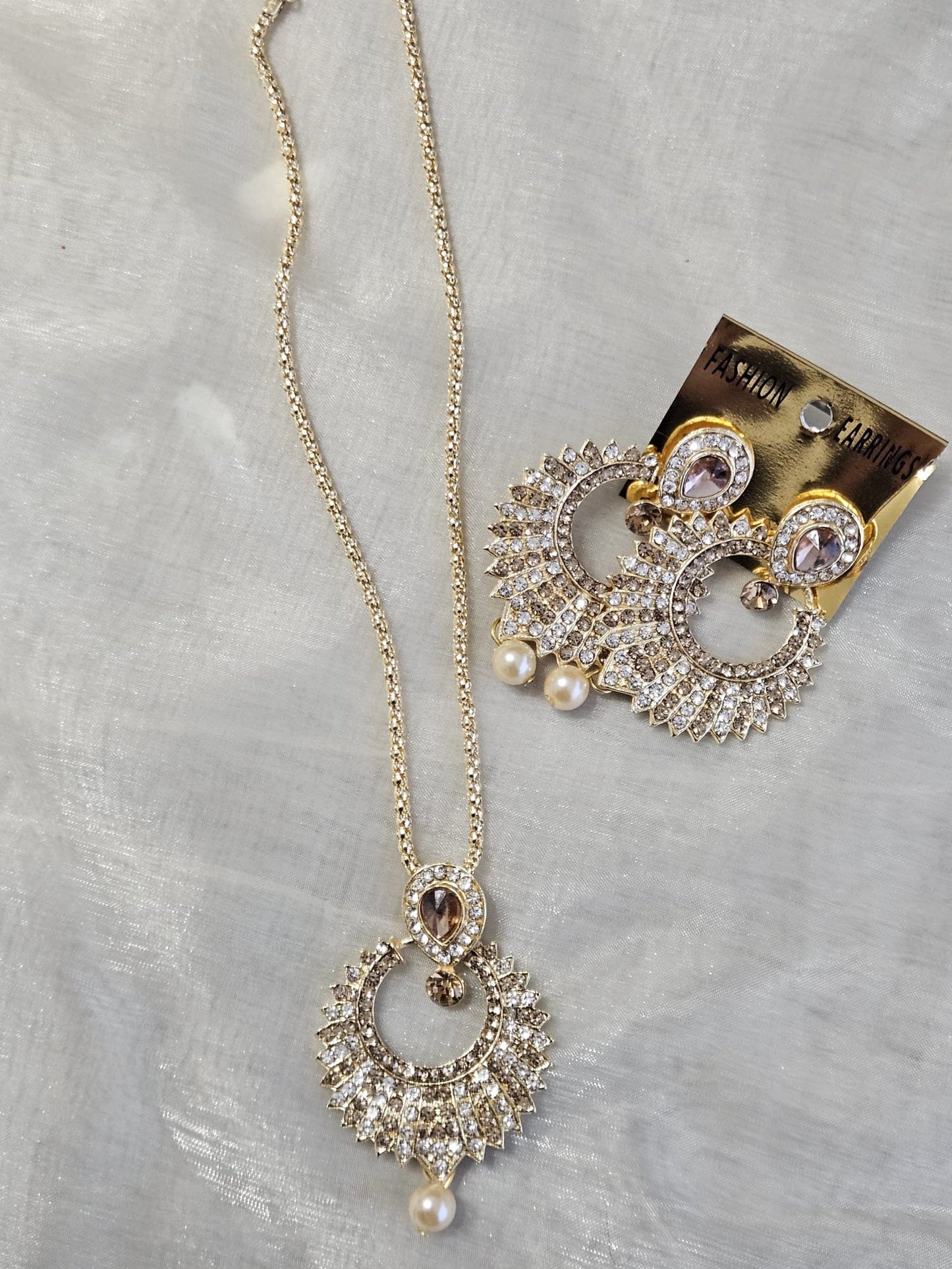 Gold Plated Pendant Austrian Stone Chain Jewellery Set With Earrings