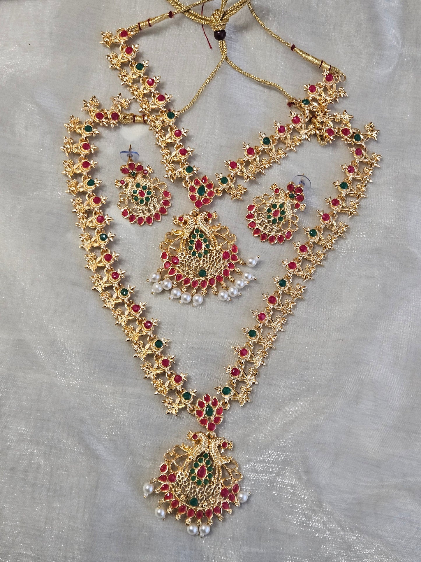 Gold look Multicolour Long Layers Mala Pota Stone Necklace Jewellery Set