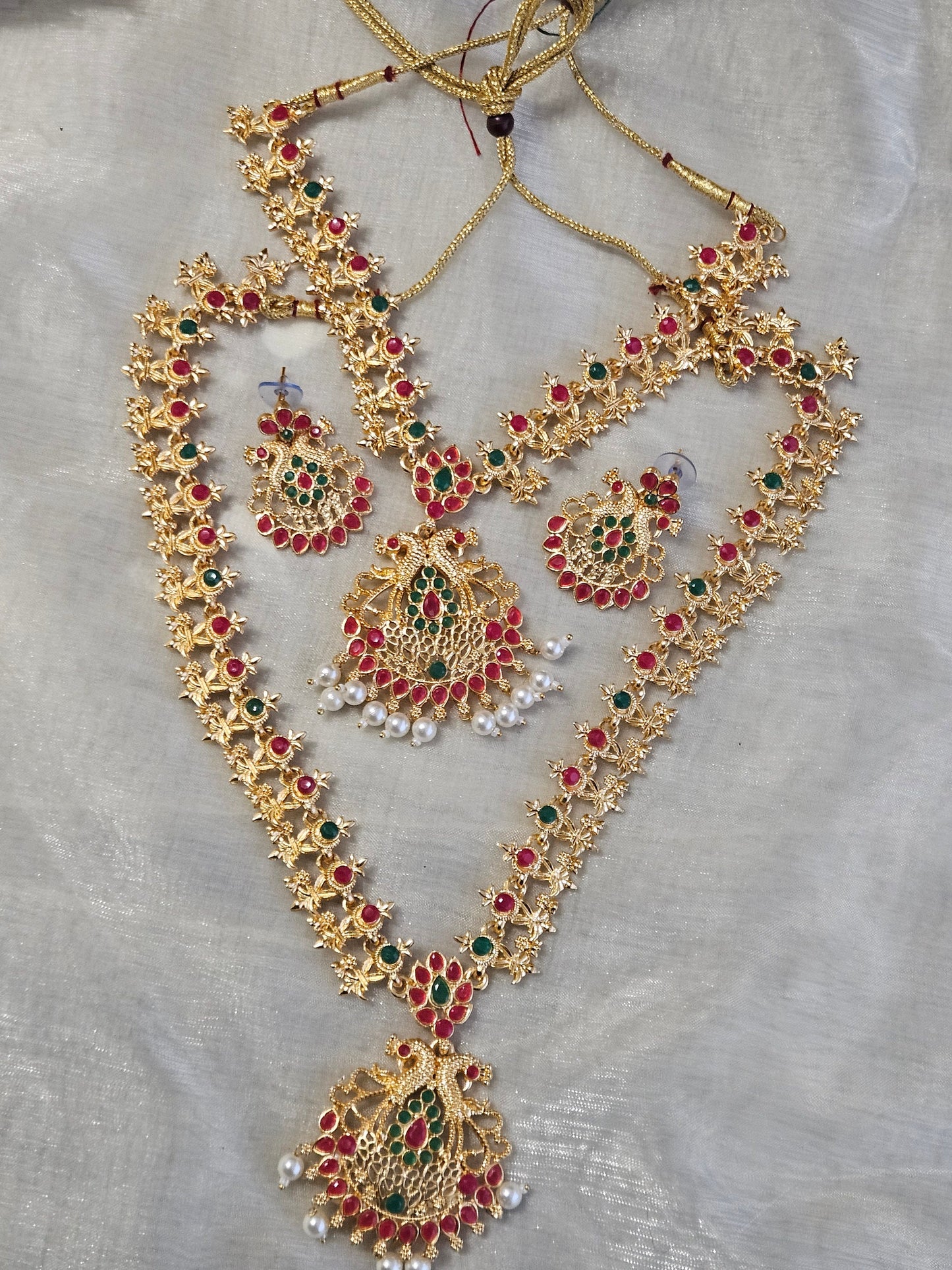 Gold look Multicolour Long Layers Mala Pota Stone Necklace Jewellery Set