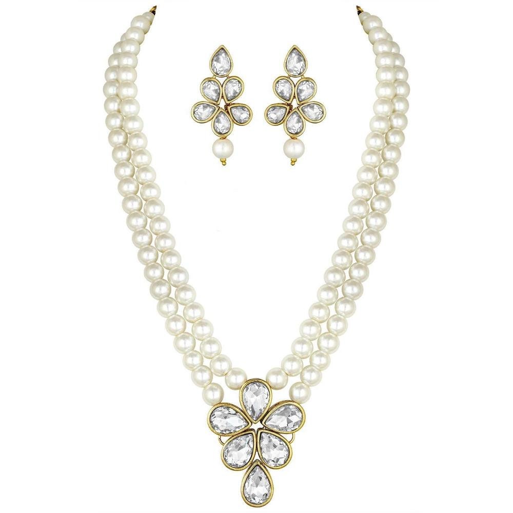 Gold Plated Traditional Kundan & Pearl Studded Necklace Indian Jewellery Set