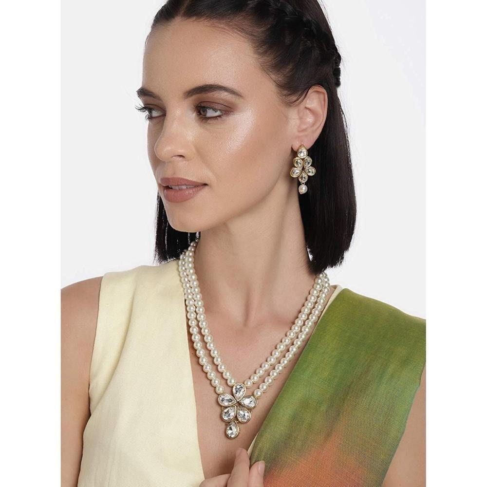 Gold Plated Traditional Kundan & Pearl Studded Necklace Indian Jewellery Set
