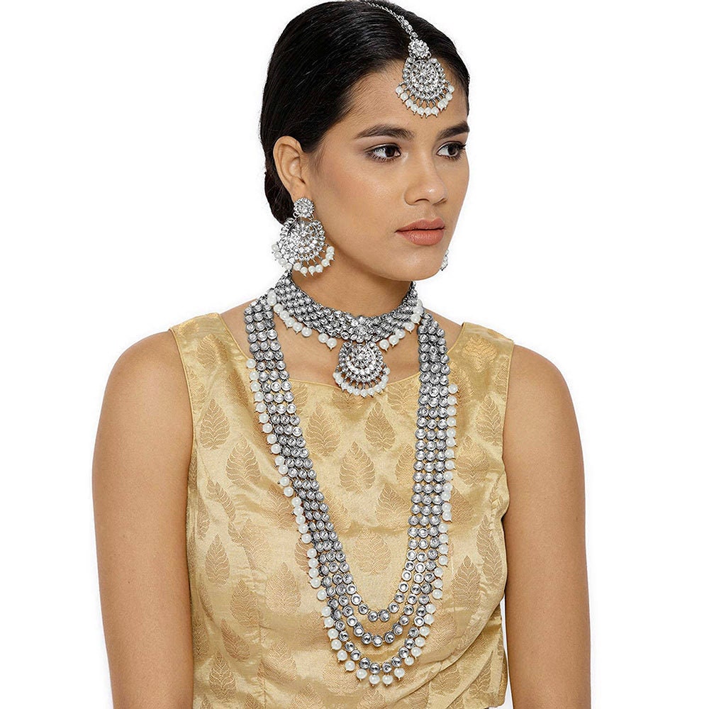 Indian 18K Silver Plated Kundan & Pearl Studded Bridal Jewellery Set