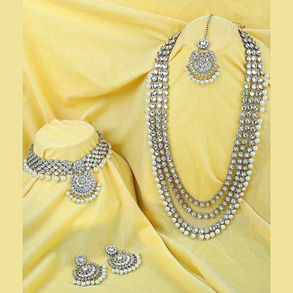 Indian 18K Silver Plated Kundan & Pearl Studded Bridal Jewellery Set