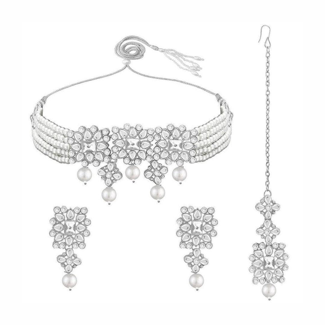 18K Rhodium Plated Silver Base Pearl Kundan Studded Sets