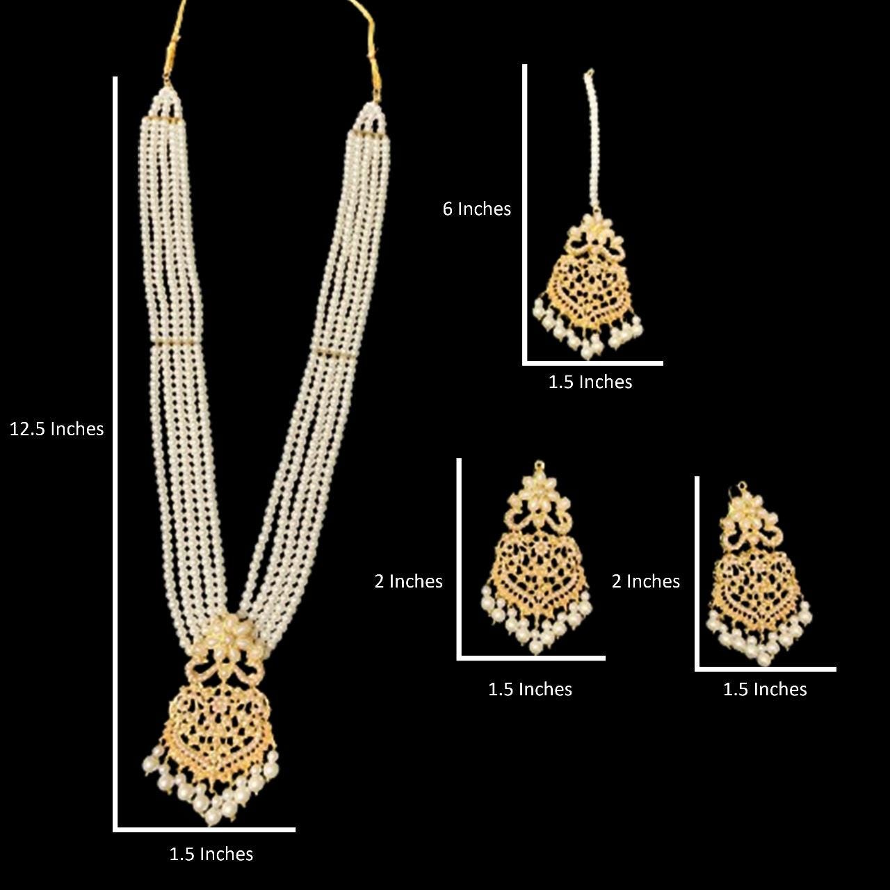 Desi Style Gold Farshi Kundan Long Pearl Mala Set With Tikka