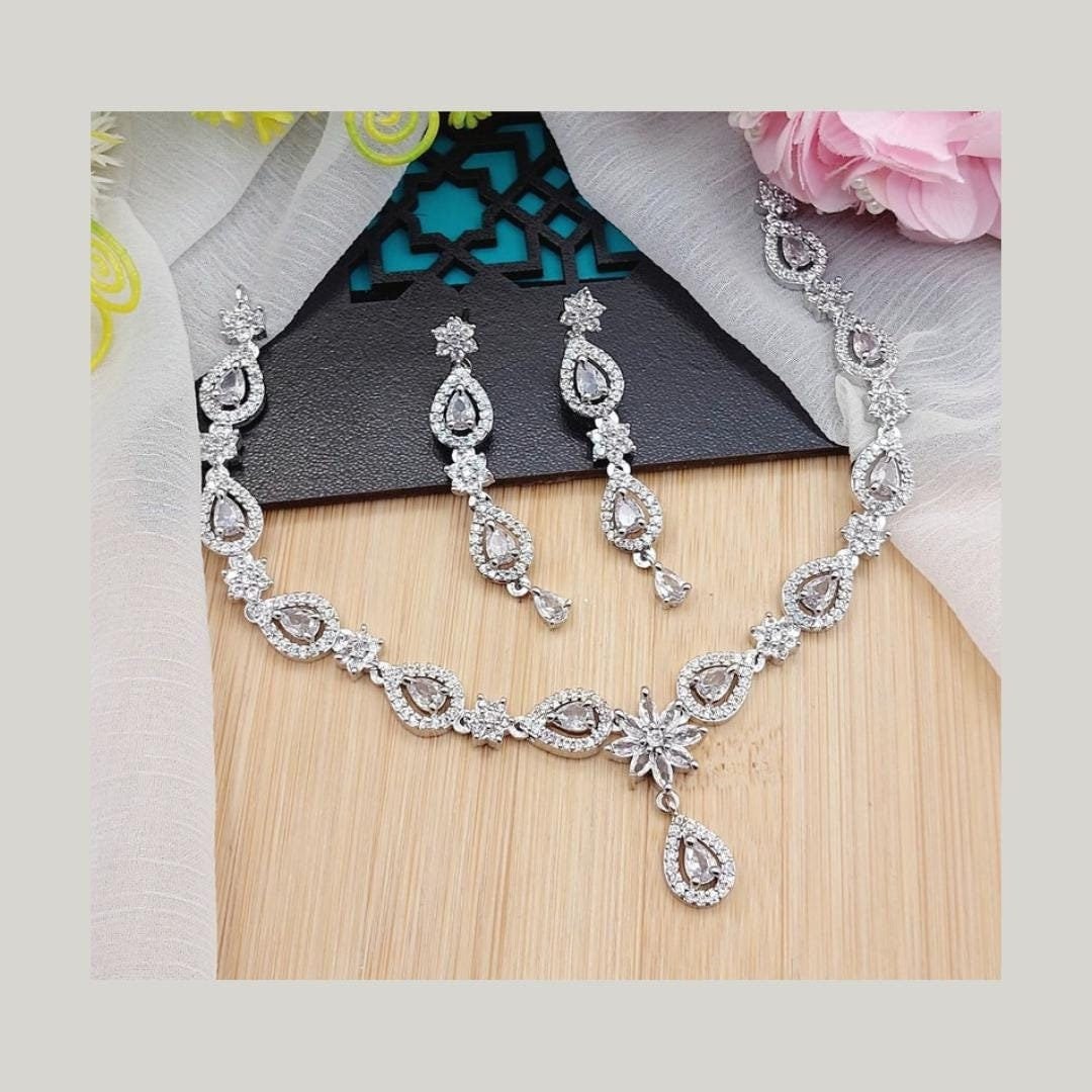 Silver Plated Indian Zircon Stones American Diamond Jewellery Set