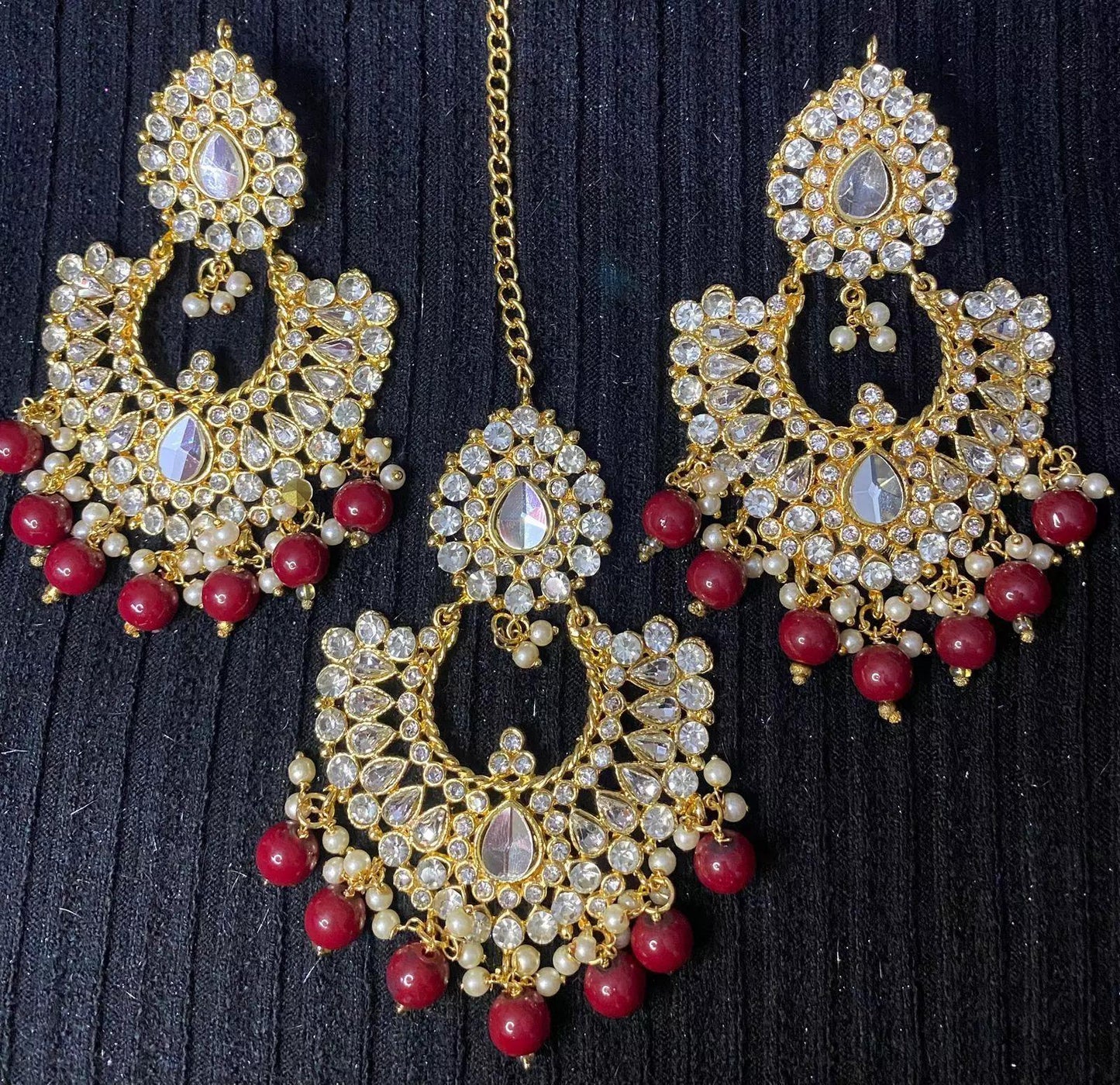 Heavy Gold Base Multi Stone And Pearl Tikka Earrings Set