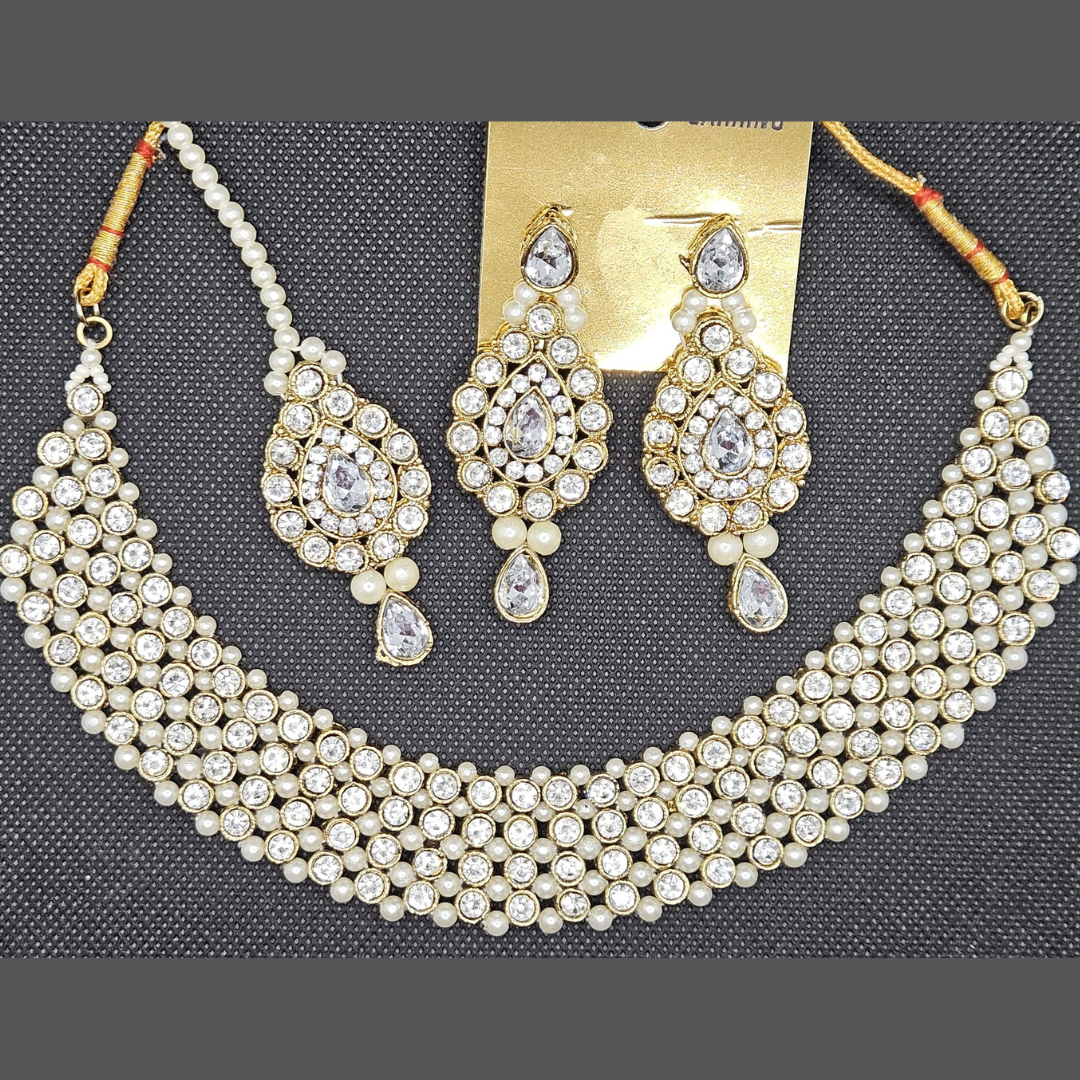 Antique Gold Plated Beads Choker Necklace Set With Tikka