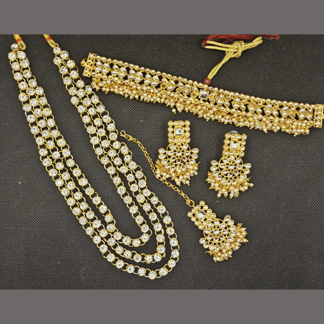Gold Plated Kundan And Pearl Double Necklace Set Indian Jewellery