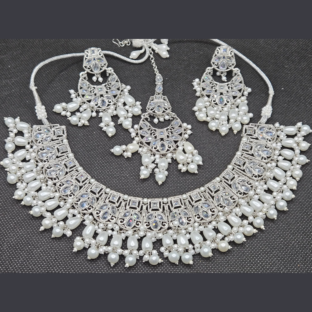 American Diamond Indian Silver Plated Pearls High Quality Full Jewellery Set