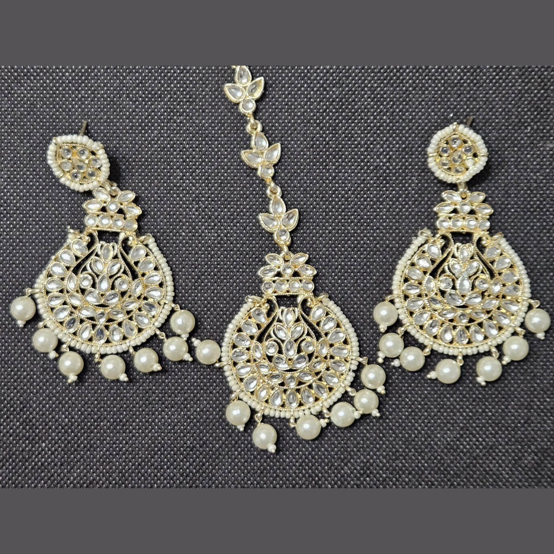 Indian Jewellery White Kundan Designer Earrings With Maangtikka