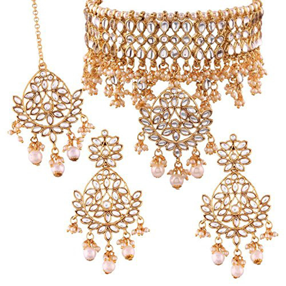 18K Gold Plated Traditional Etnico Kundan Pearl Studded Jewellery Set