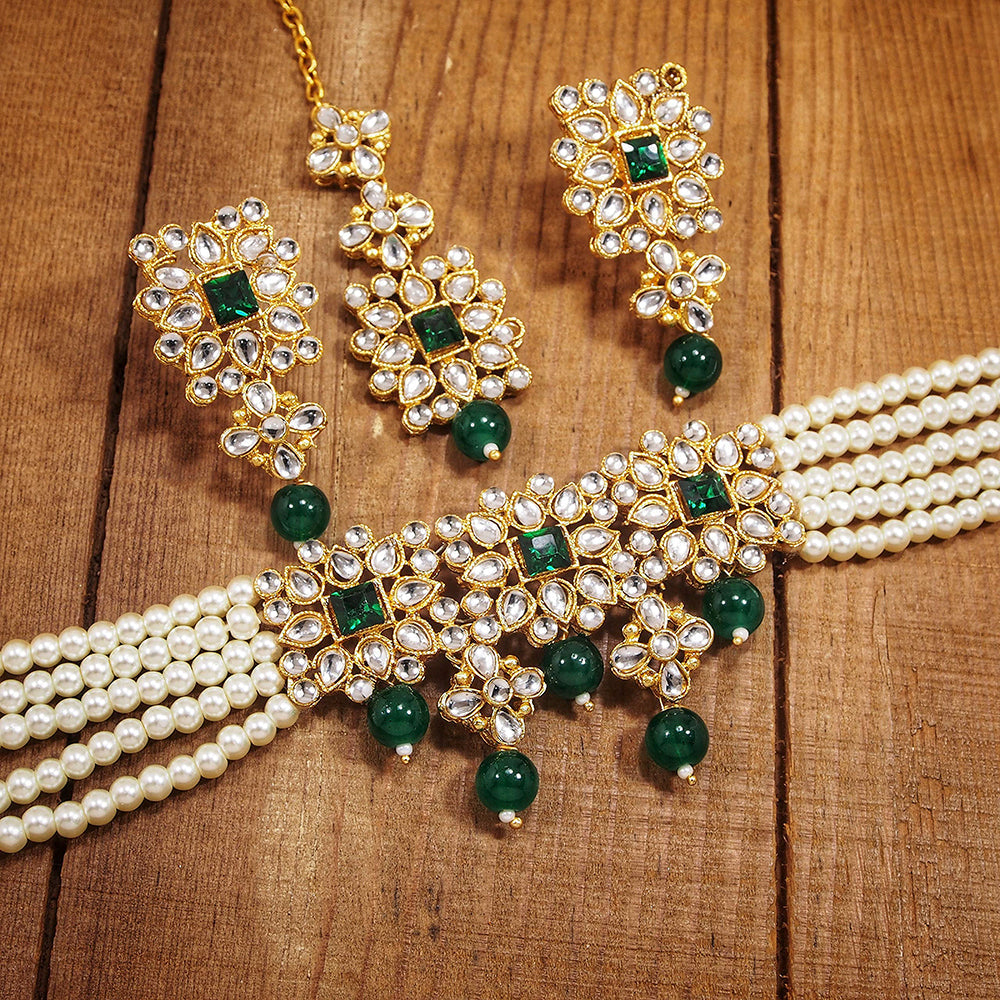 18K Gold Plated Pearls Stone Studded Choker Necklace Set