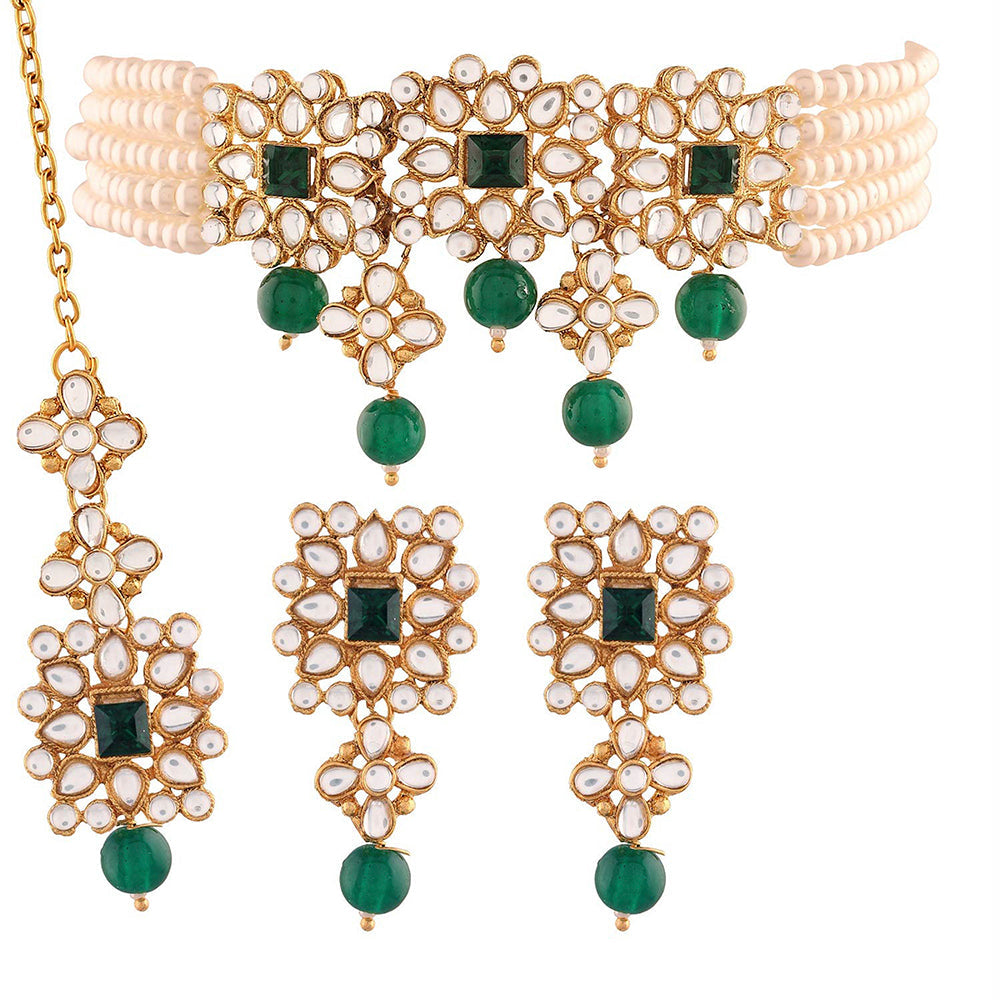 18K Gold Plated Pearls Stone Studded Choker Necklace Set