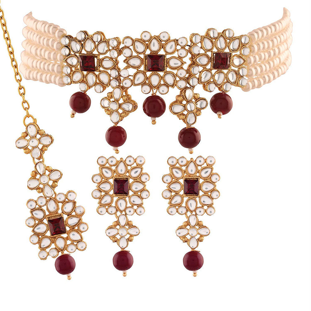 18K Gold Plated Pearls Stone Studded Choker Necklace Set