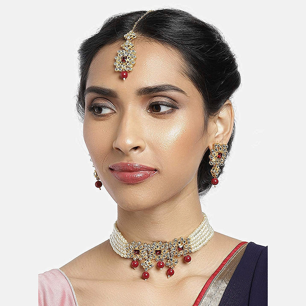 18K Gold Plated Pearls Stone Studded Choker Necklace Set