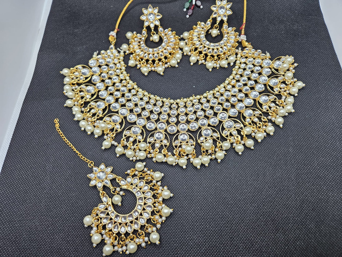 Kundan Style Gold Plated White Stone Pearls Full Bridal Jewellery Set