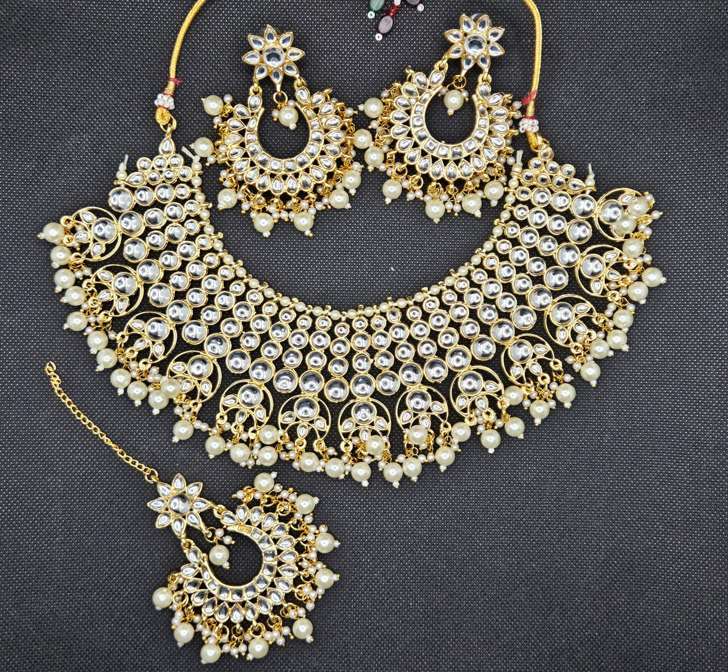 Kundan Style Gold Plated White Stone Pearls Full Bridal Jewellery Set